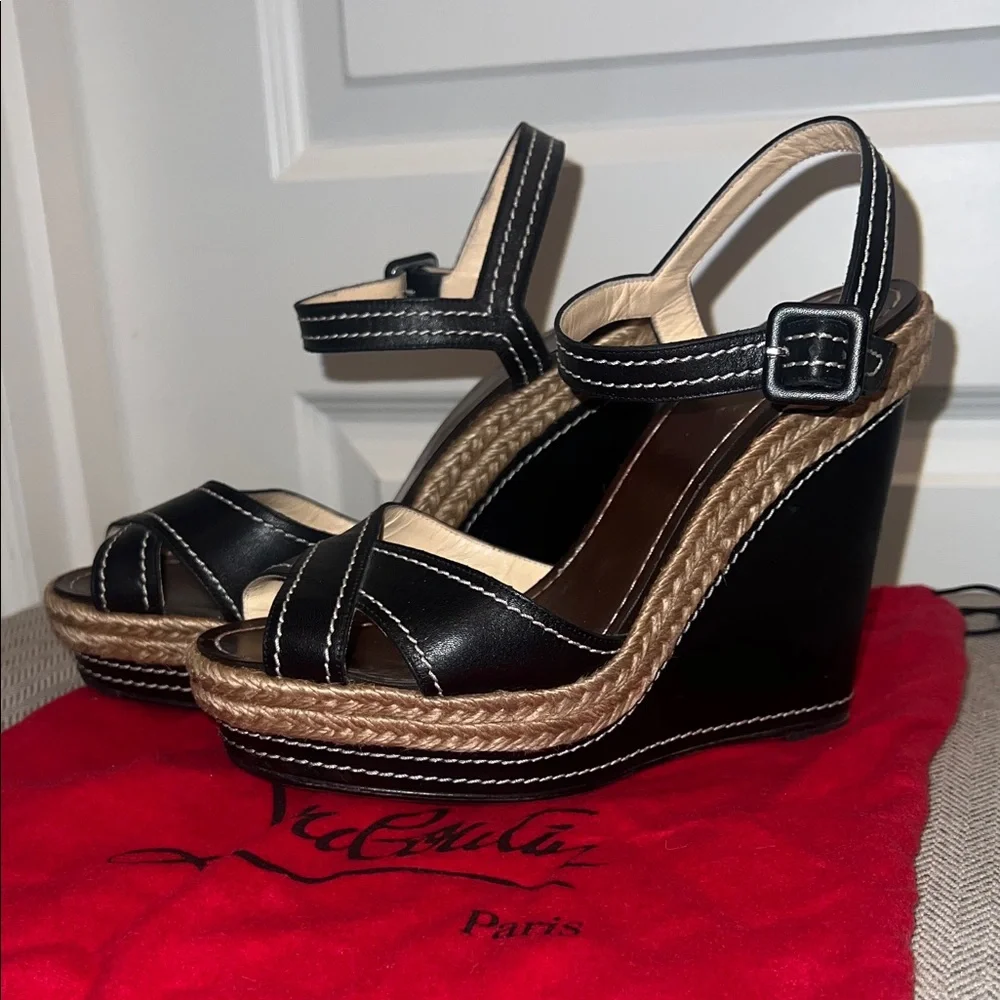 Christian Louboutin Black and Natural Espadrille Wedge Sandals